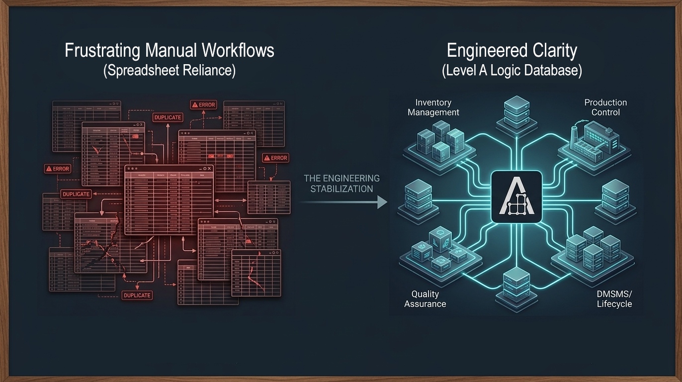Diagram contrasting Frustrated Manual Workflows and Spreadsheet Reliance with Level A Logic Engineered Clarity database architecture.